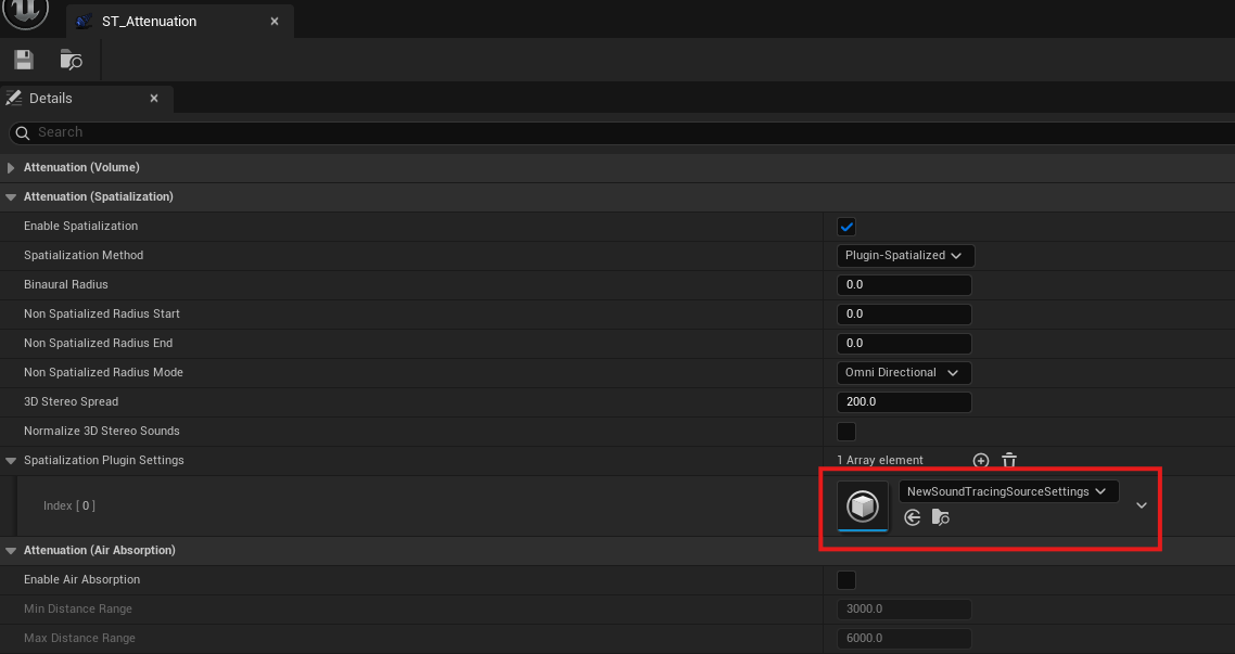 Sound Attenuation의 Spatialization Plugin Settings에 소스 설정 에셋 지정