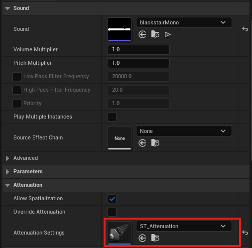 Audio Component의 Attenuation Settings에 Sound Attenuation 지정